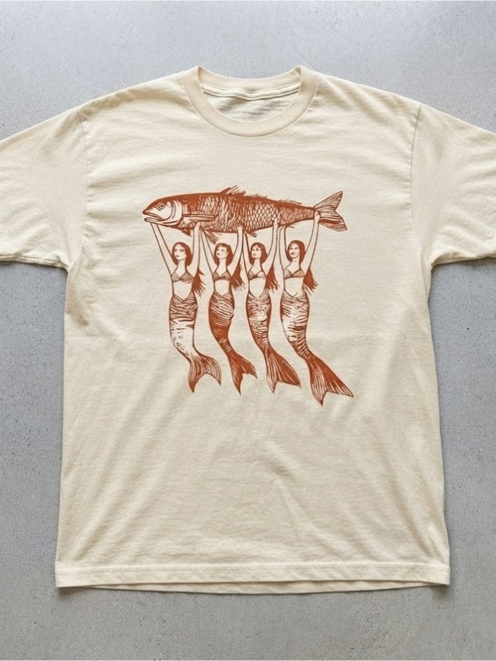 Cream Gildan T-Shirt with Rust Mermaid Fish Graphic Shirt